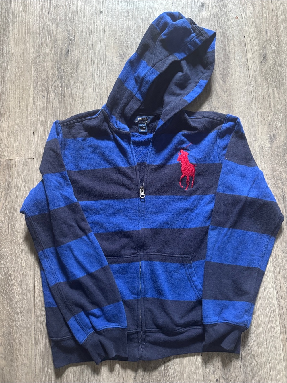 Polo by Ralph Lauren Navy & Royal Blue Striped Zip Hoodie with Red Pony